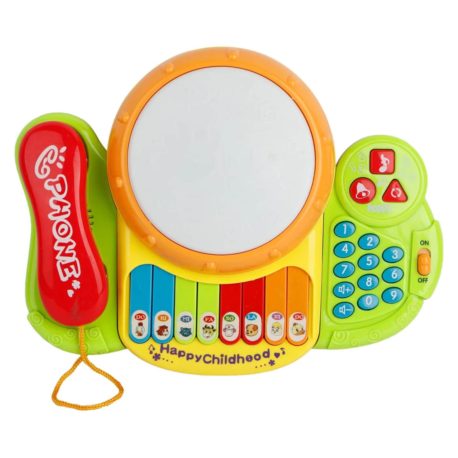 Colorful toy phone with keyboard and buttons on a white background