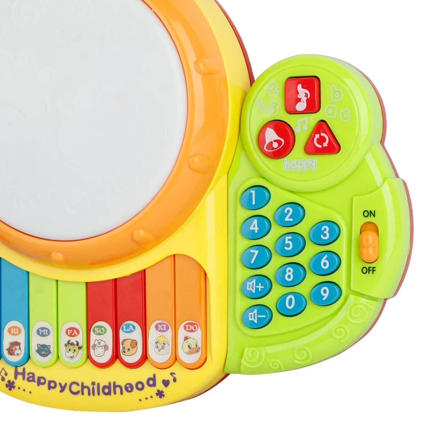 Colorful toy with keyboard and digital display on a white background