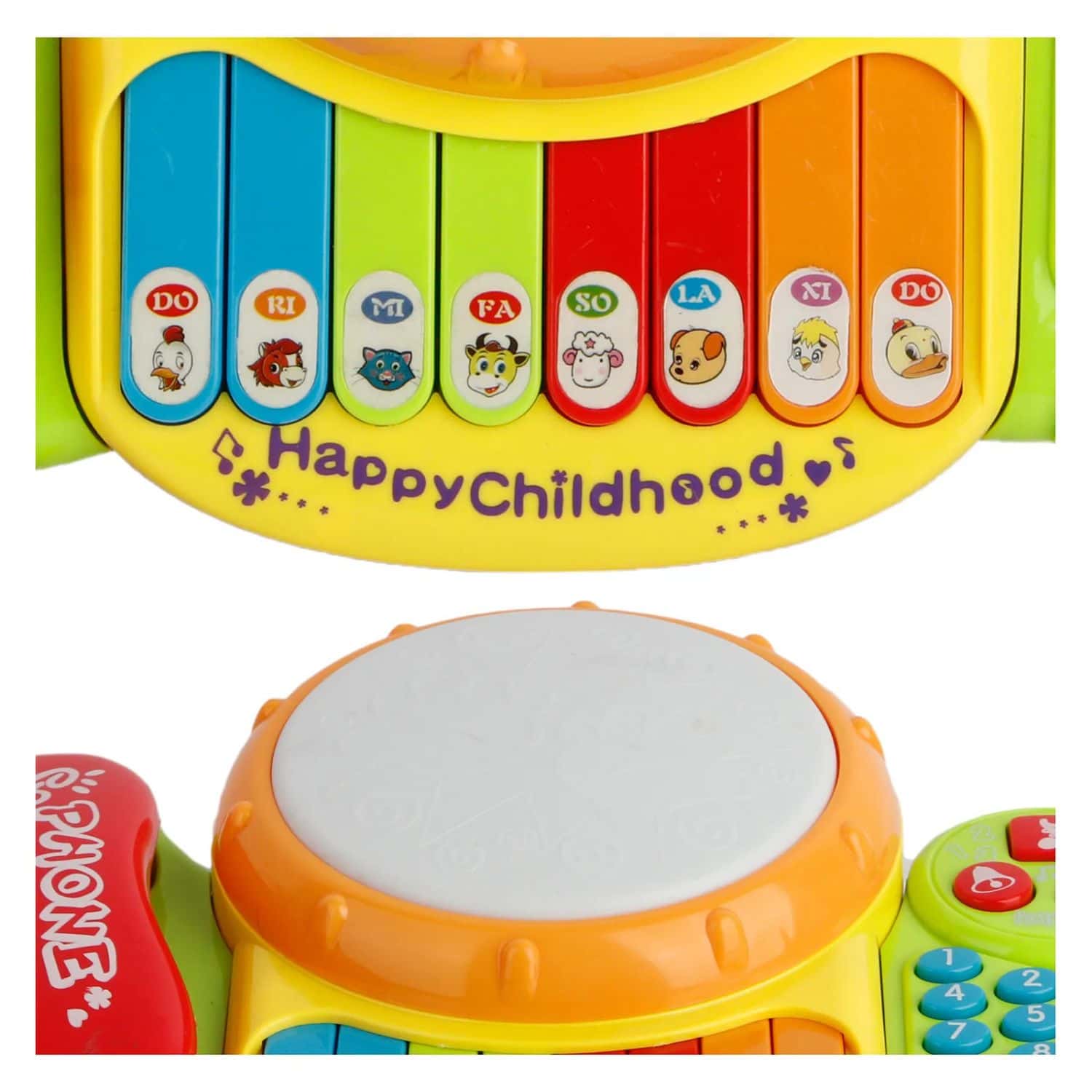 Colorful toy keyboard with musical notes and a drum pad, featuring the brand 'KaraOne'.