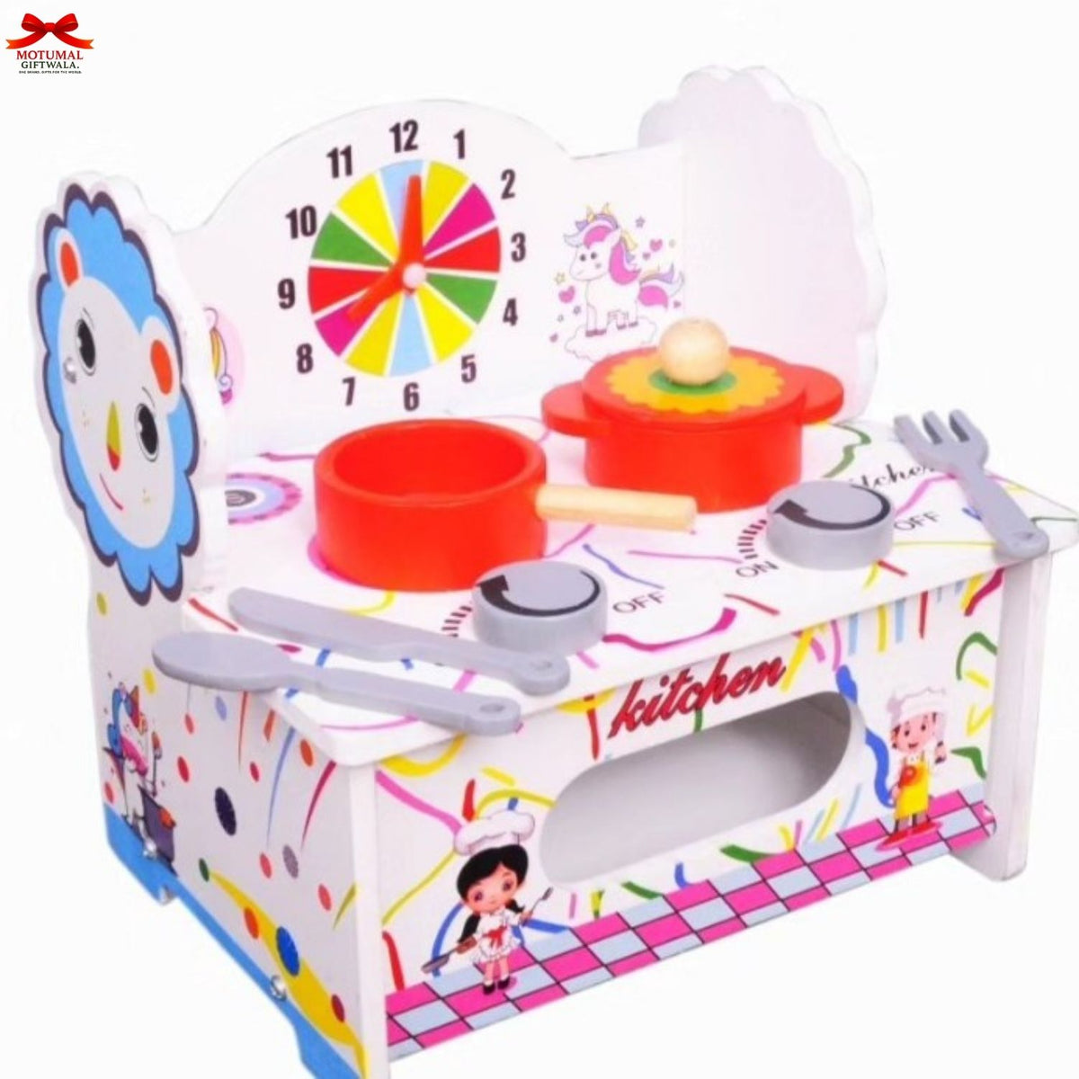 Colorful toy kitchen set with cartoon character design on a white background