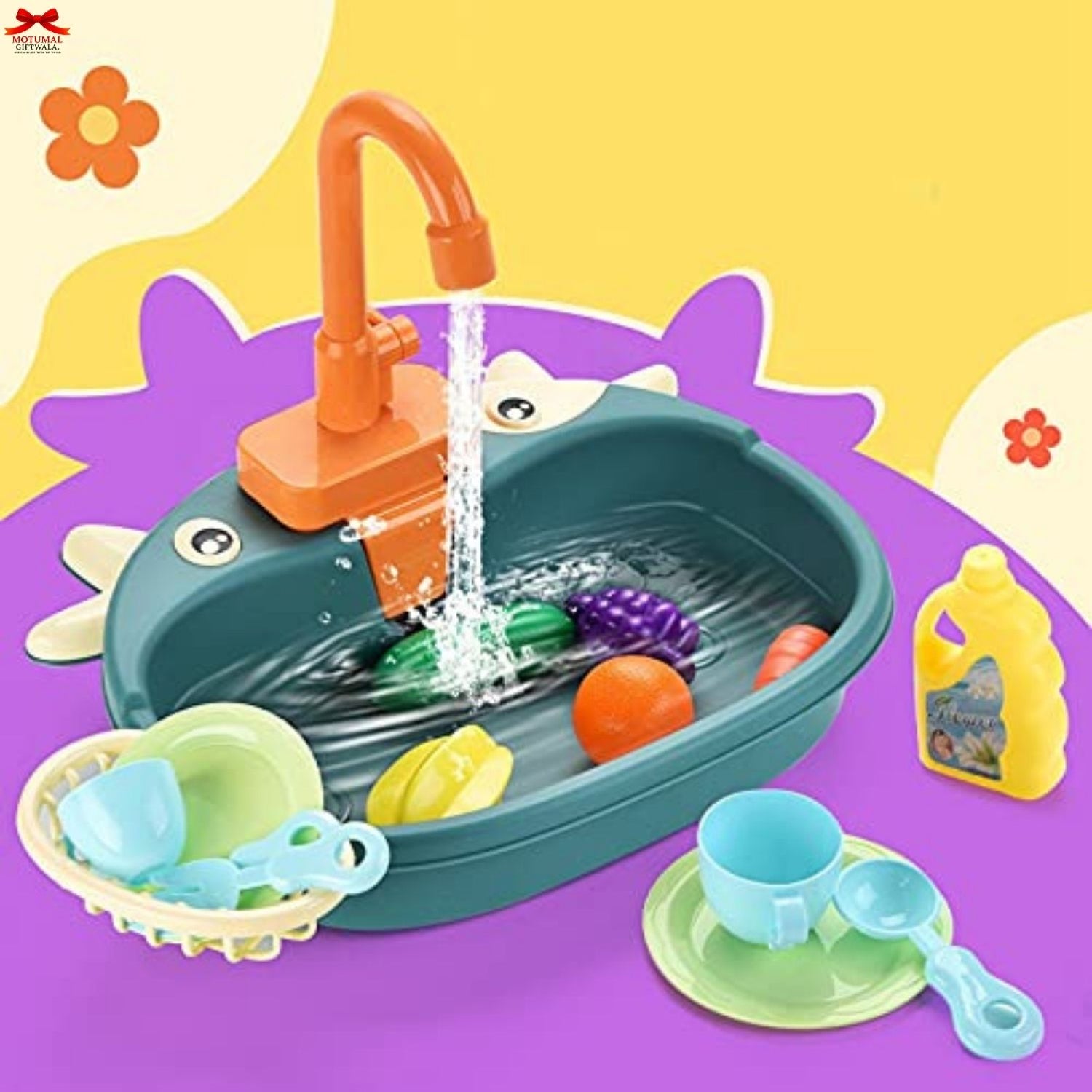 Children's toy sink set with faucet, toys, and cleaning supplies on a colorful background