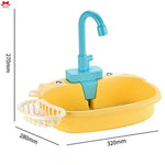Yellow toy bathtub with blue faucet and measurements on a white background