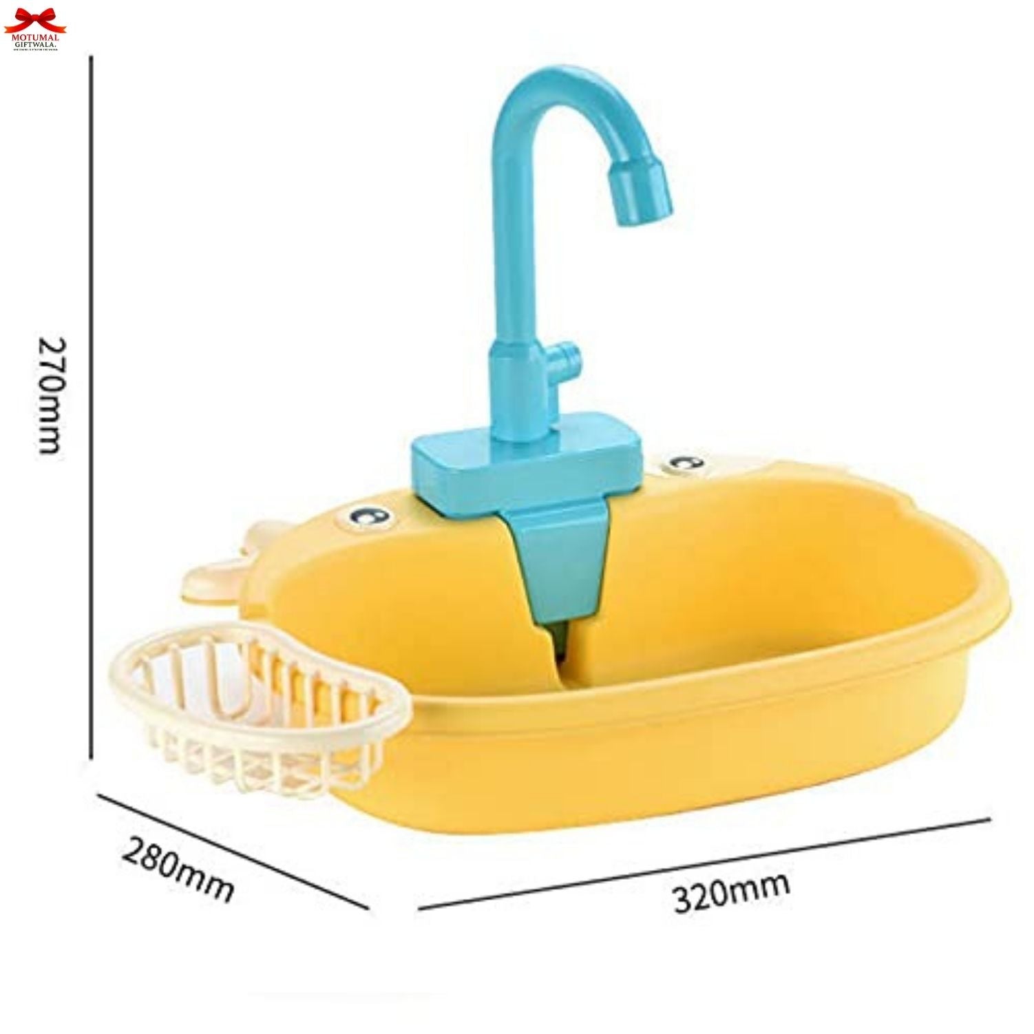 Yellow toy bathtub with blue faucet and measurements on a white background