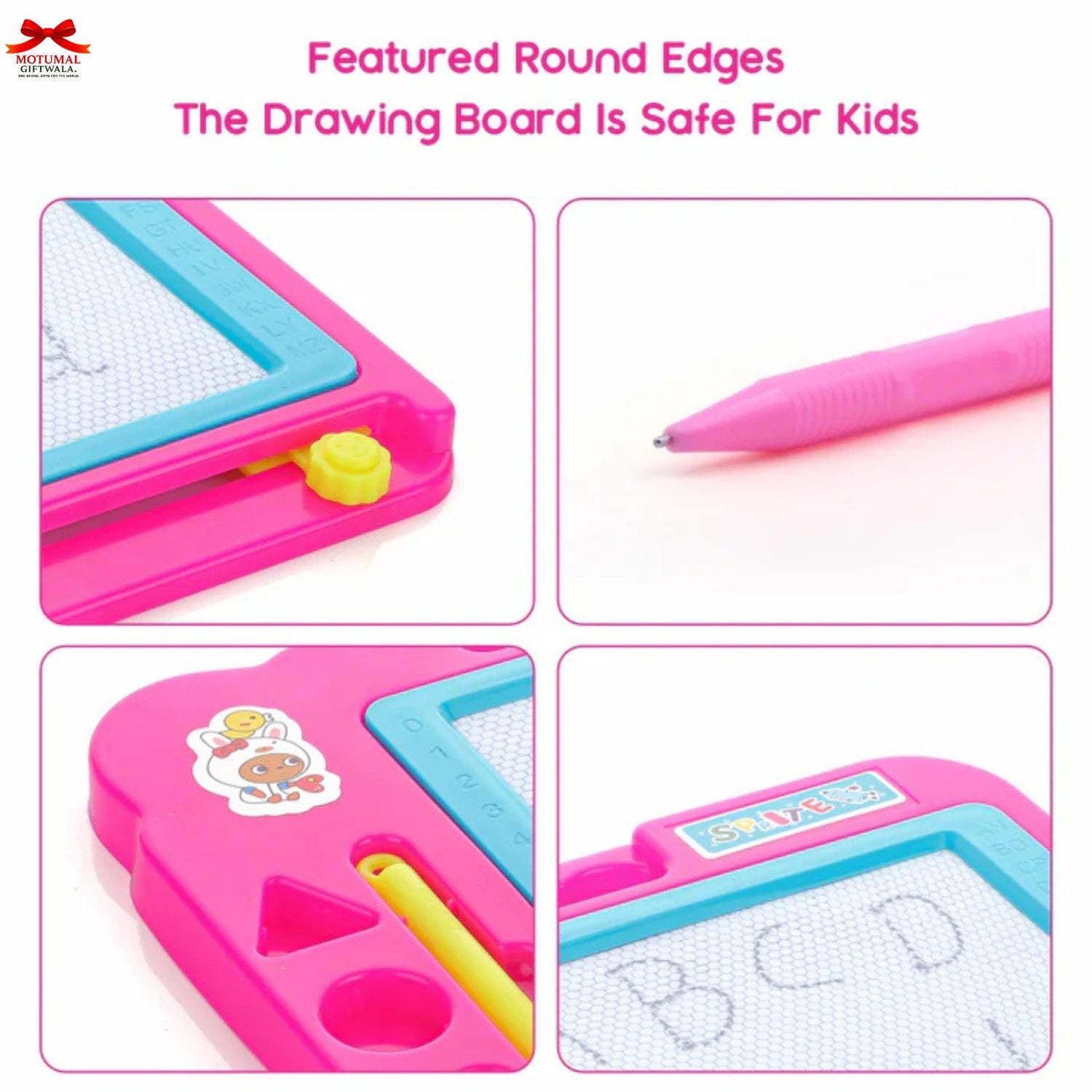Pink drawing board with round edges and safety features for kids, featuring a pen and grid paper.