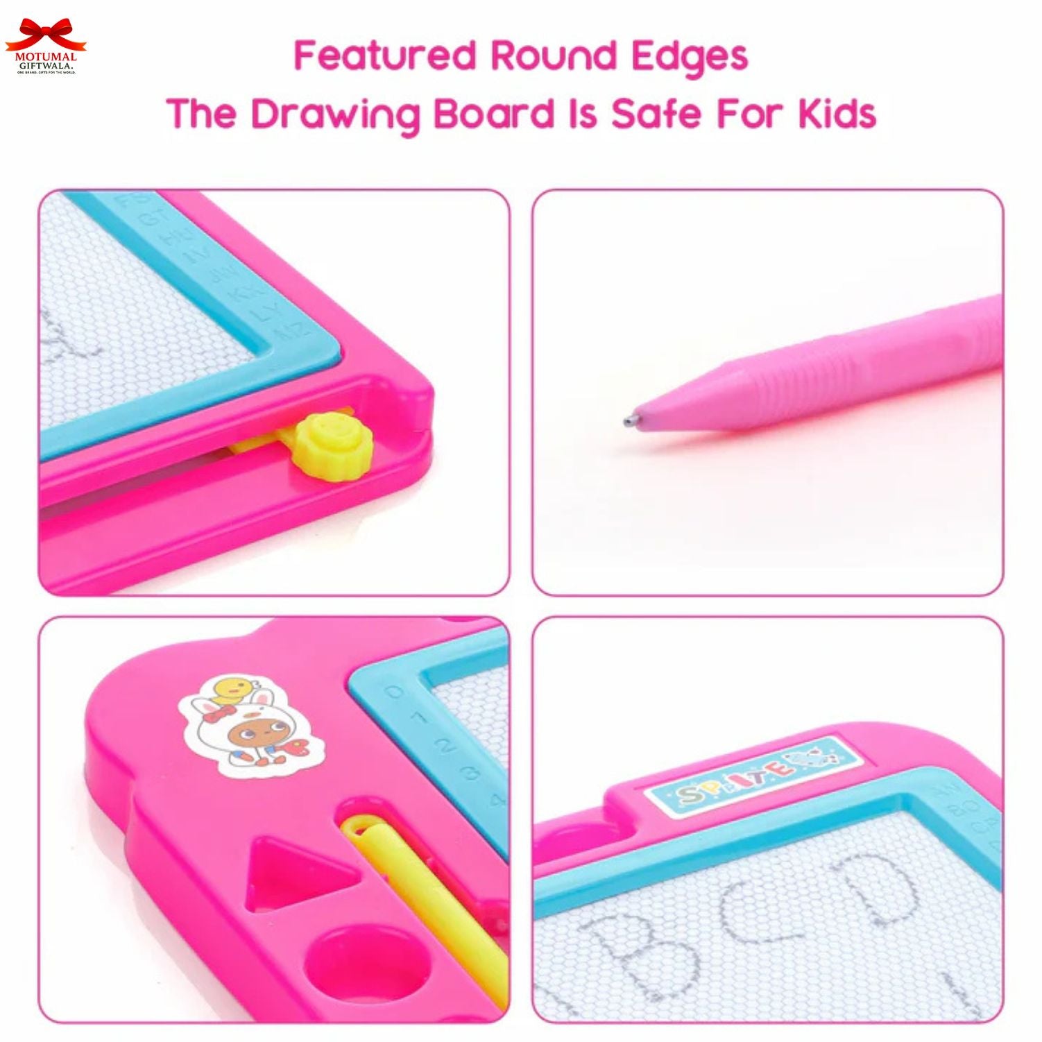 Pink drawing board with round edges and safety features for kids, featuring a pen and grid paper.