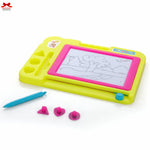 Children's drawing board with pink border and blue pen on a white background
