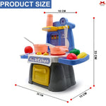 Children's toy kitchen set with measurements on a white background