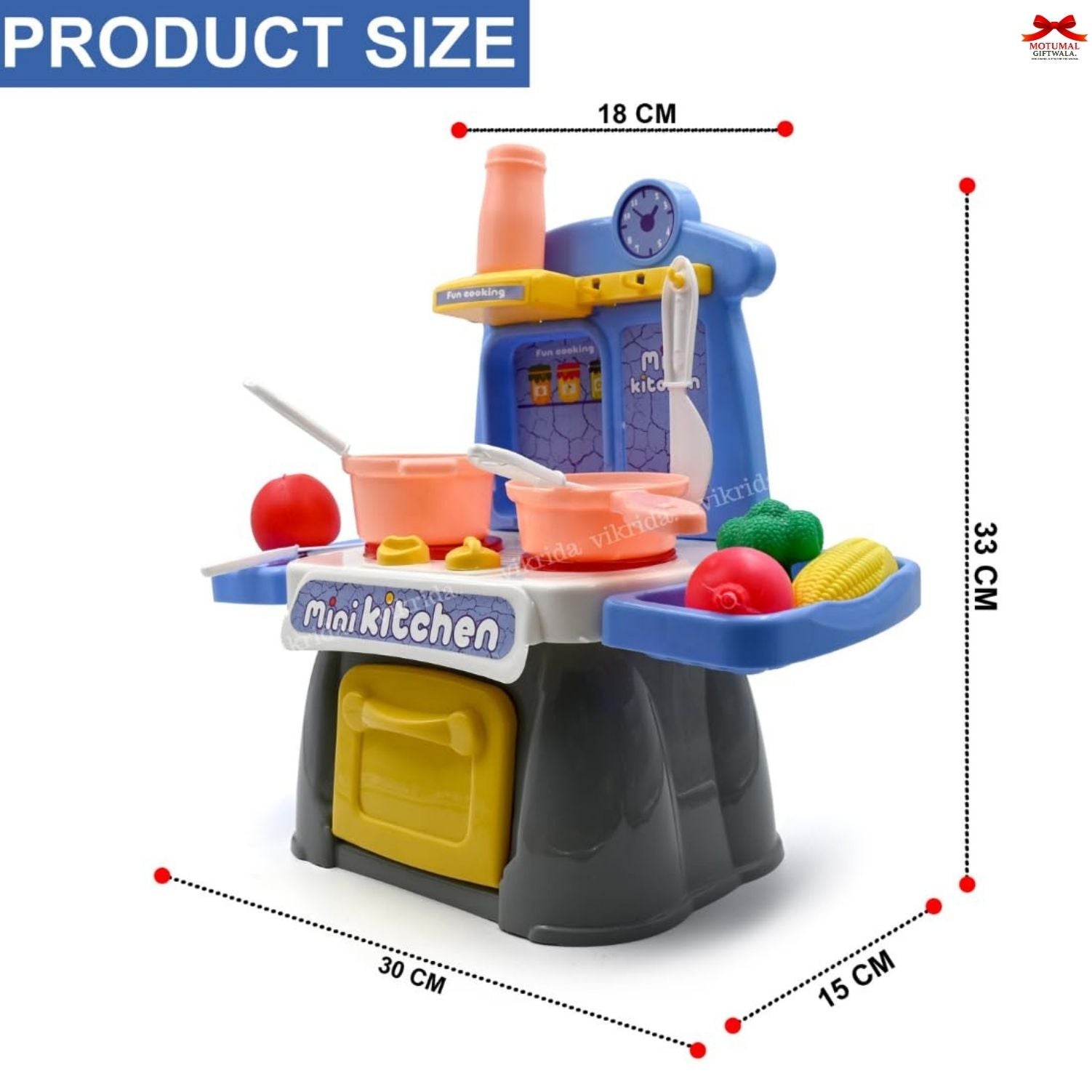 Children's toy kitchen set with measurements on a white background