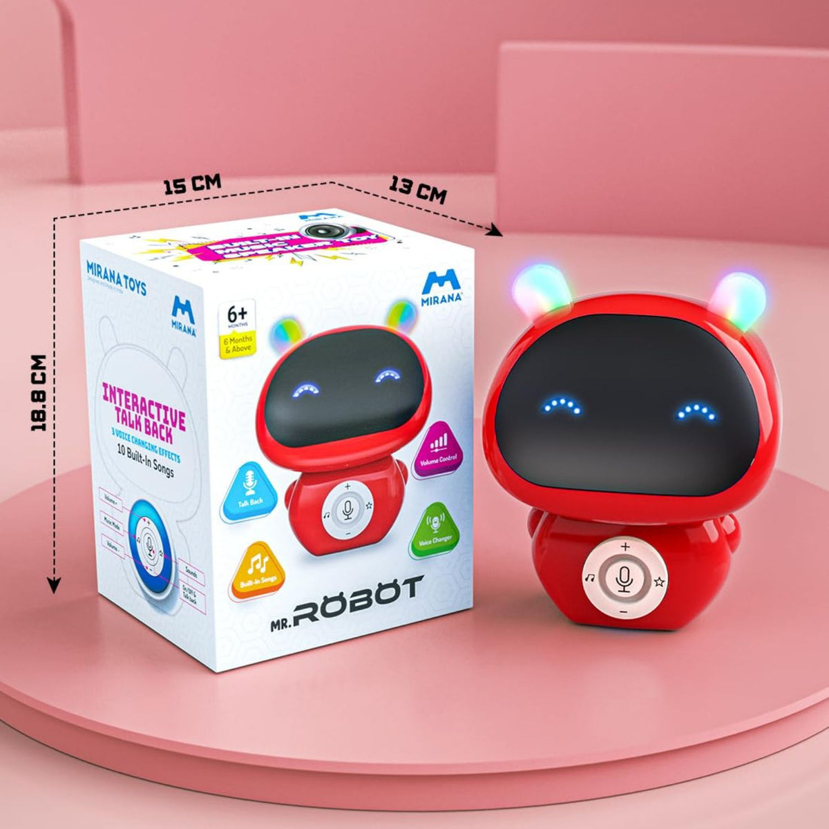 Red robot toy with a white box displaying product details on a pink background