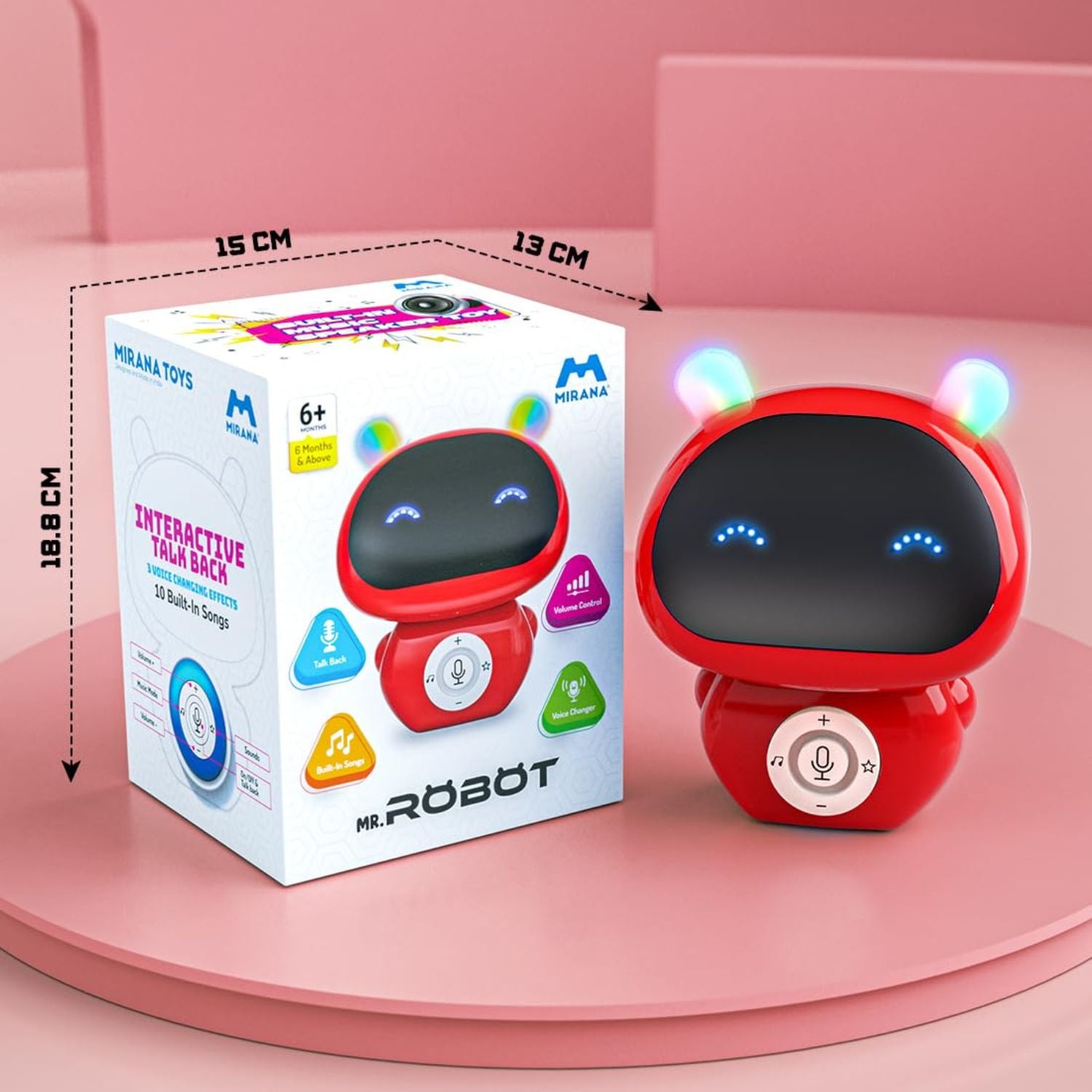 Red robot toy with a white box displaying product details on a pink background