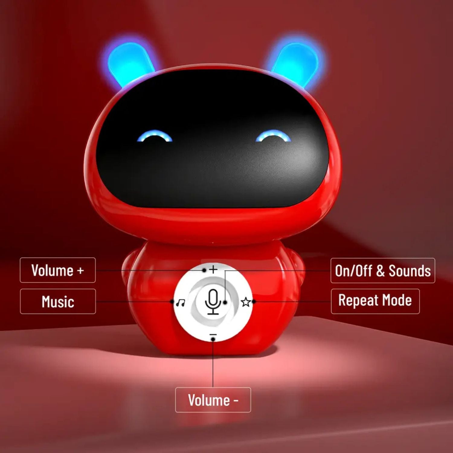 Red robot toy with a black face and blue lights on a red background