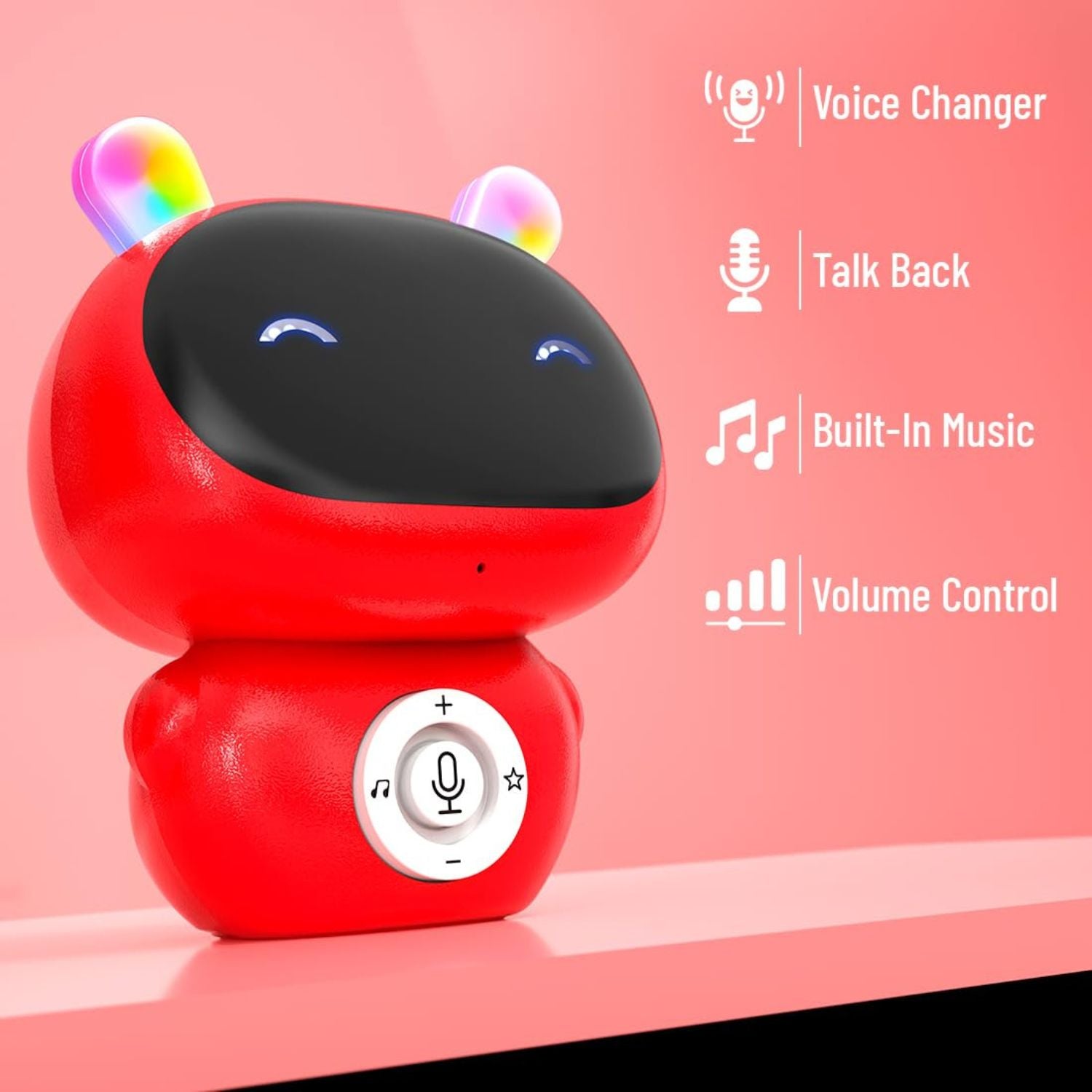 Red robot toy with colorful ears on a pink background, featuring text about its functions.