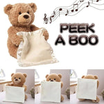 Teddy bear with a white blanket, labeled 'Peek A Boo', on a light background.