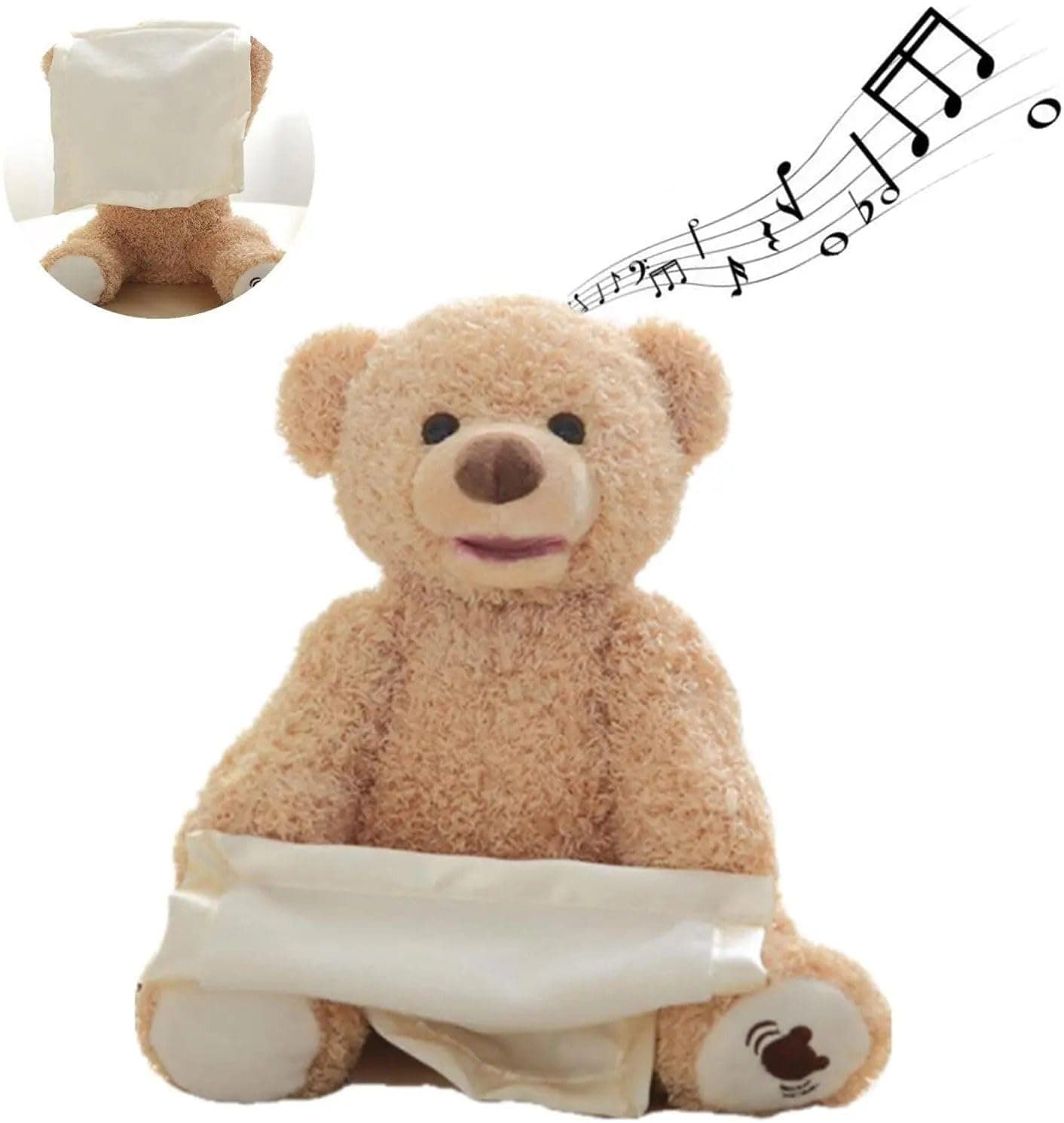 Plush teddy bear with a music sheet on a white background