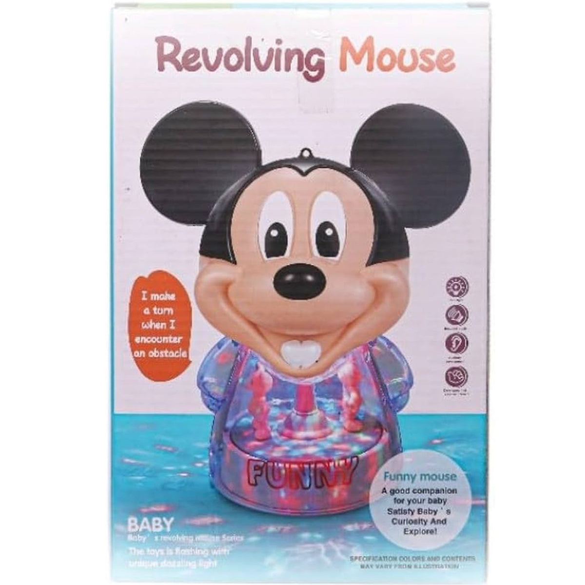 Toy packaging of a revolving mouse with cartoon character on a white background