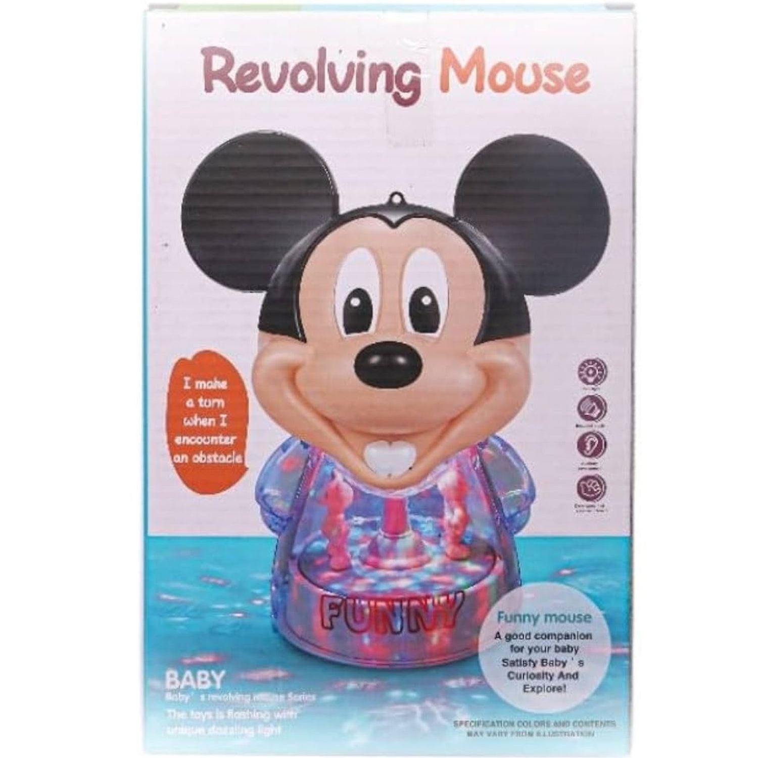 Toy packaging of a revolving mouse with cartoon character on a white background