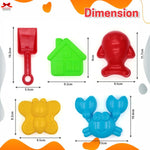 Set of colorful sand toys with dimensions labeled