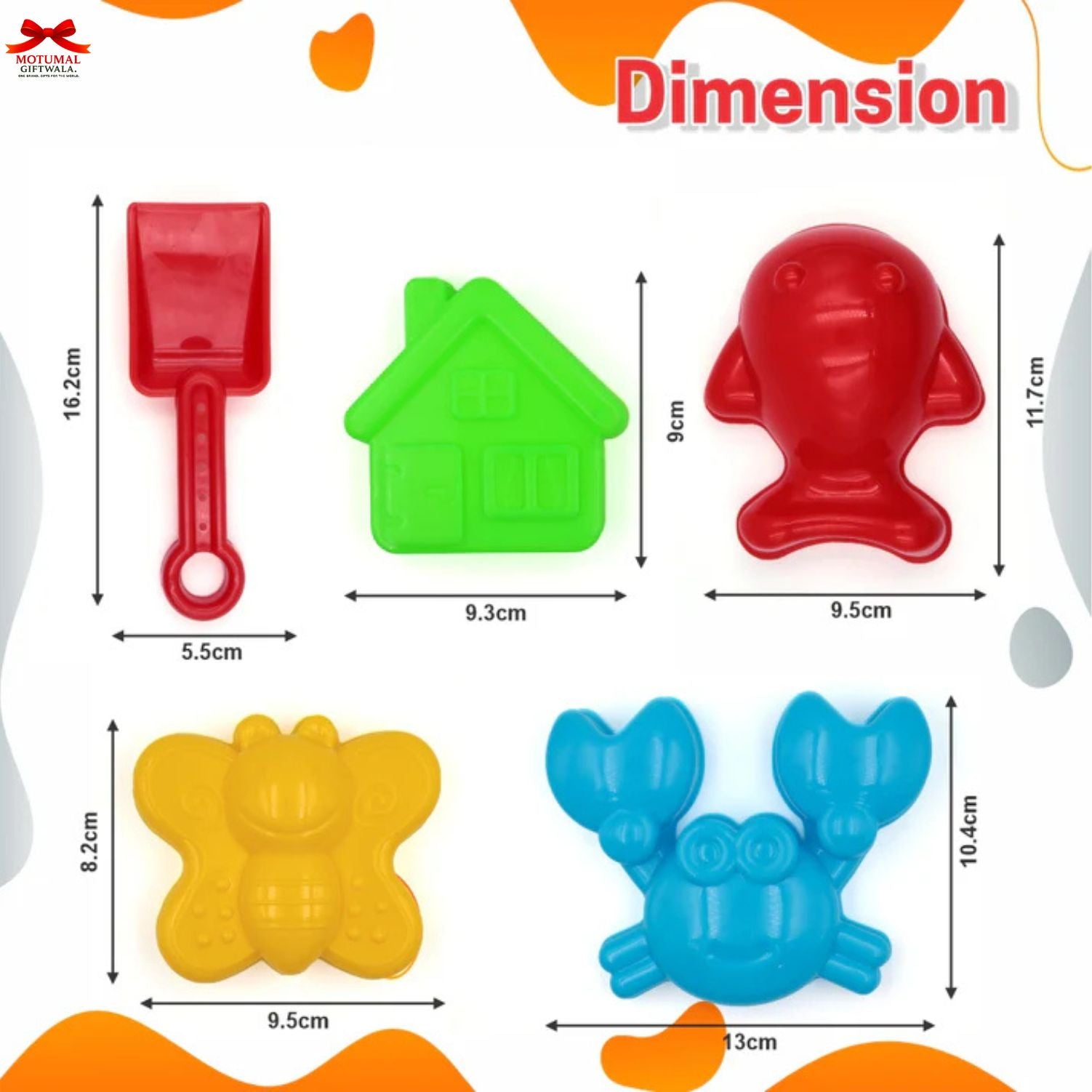Set of colorful sand toys with dimensions labeled