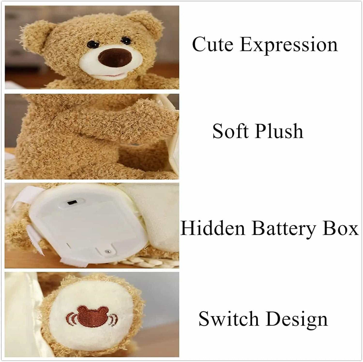 Collage of a plush toy with features labeled: cute expression, soft plush, hidden battery box, and switch design.