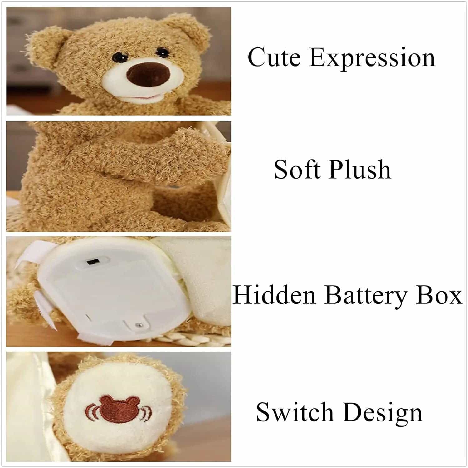 Collage of a plush toy with features labeled: cute expression, soft plush, hidden battery box, and switch design.