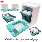 Teal and white toy kitchen set with dishwasher, cups, and utensils on a white background.