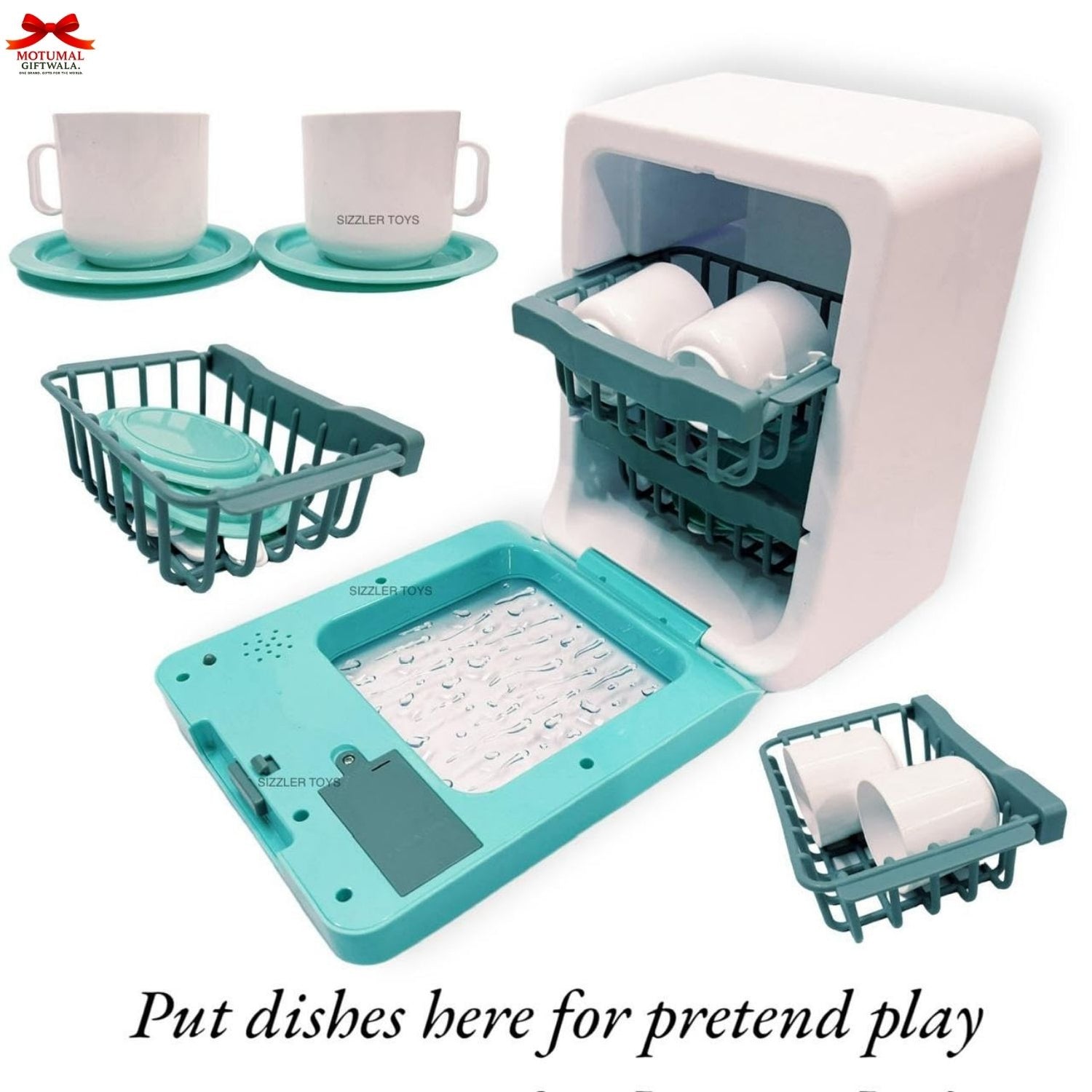 Teal and white toy kitchen set with dishwasher, cups, and utensils on a white background.