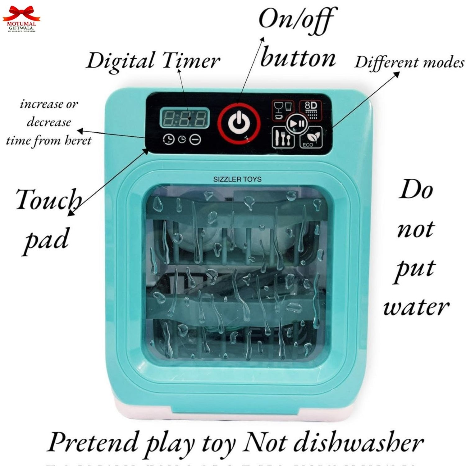 Teal toy kitchen appliance with digital timer and control panel, labeled with functions.