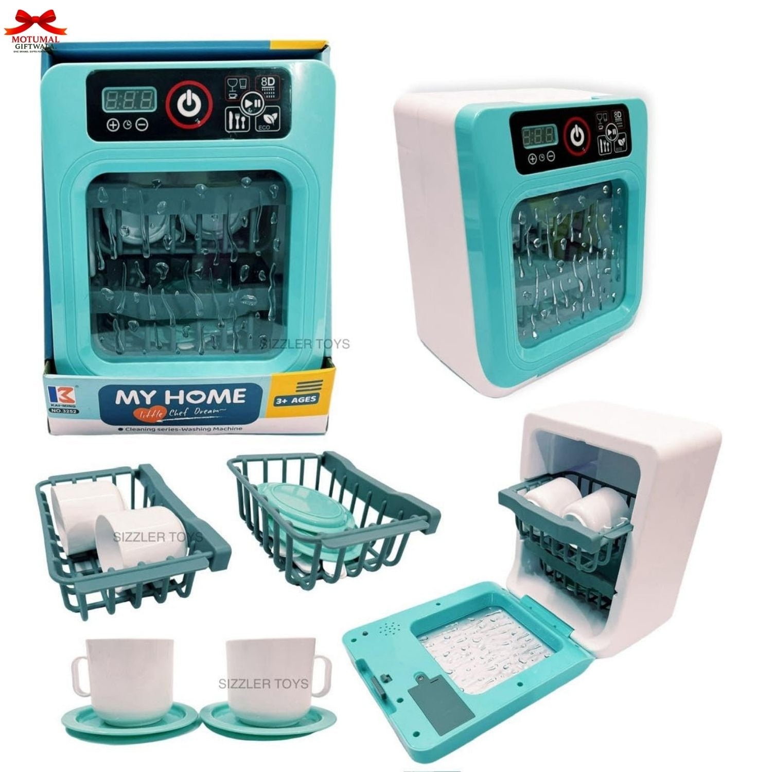 Toy kitchen appliance set with various components on a white background