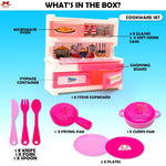Toy kitchen set with labeled components on a blue background