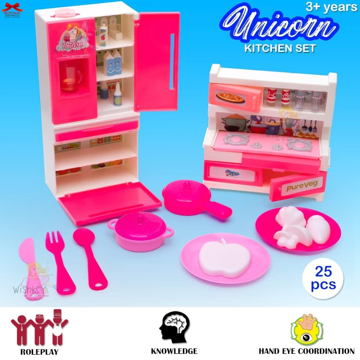 Pink toy kitchen set with utensils on a blue background, labeled 'Unicorn Kitchen Set'.