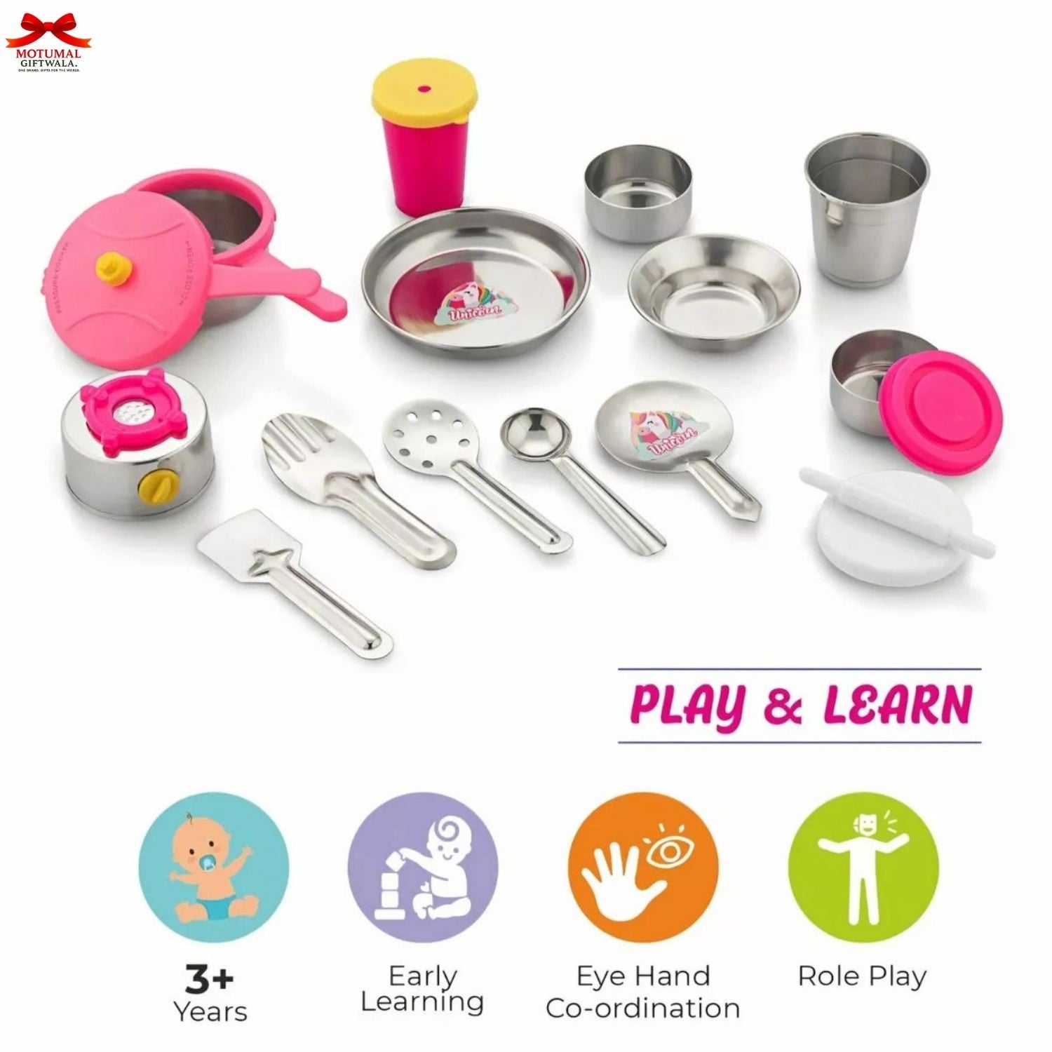 Children's play kitchen set with utensils and containers on a white background, featuring the brand 'Naturesoul'.