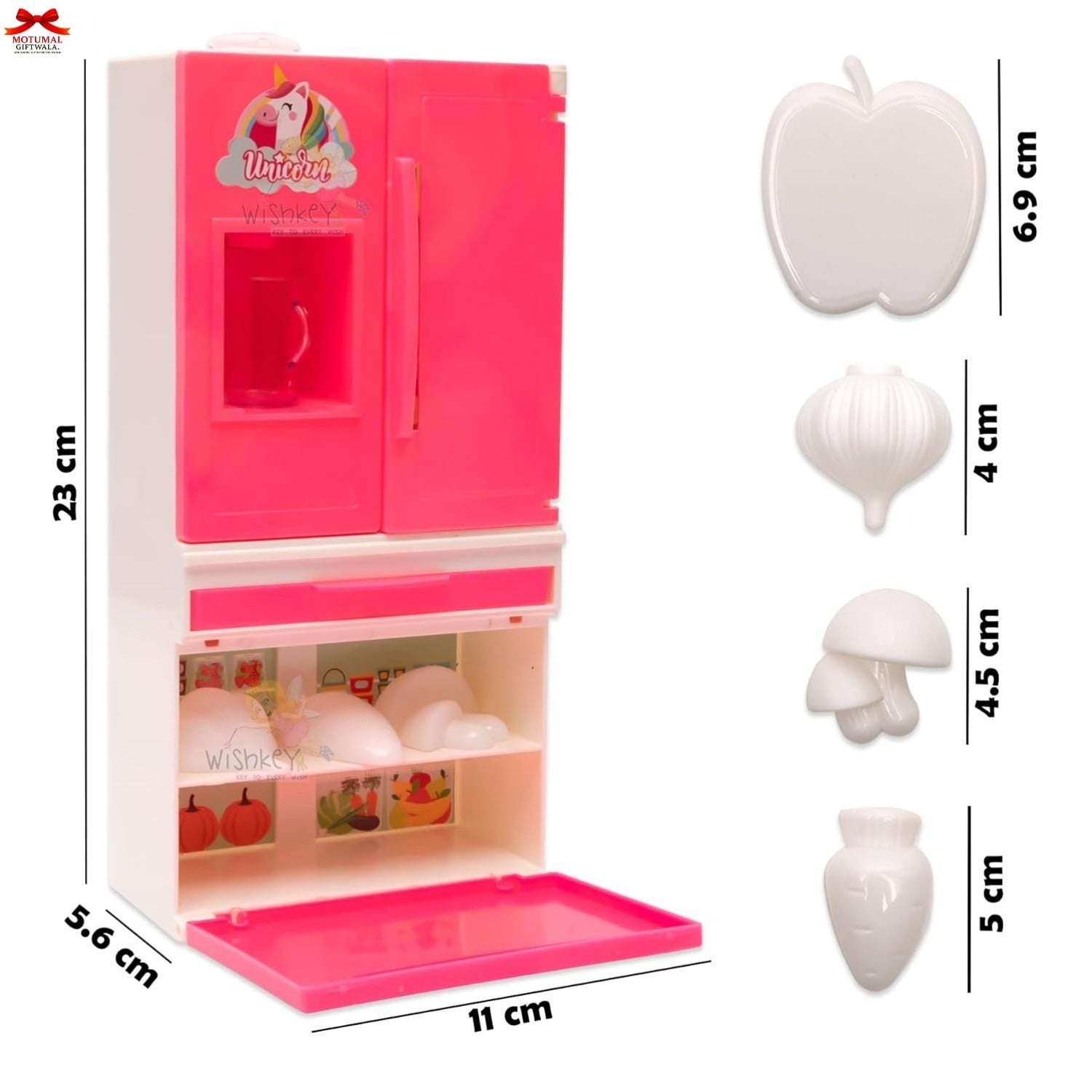 Toy kitchen set with pink refrigerator and white accessories on a white background