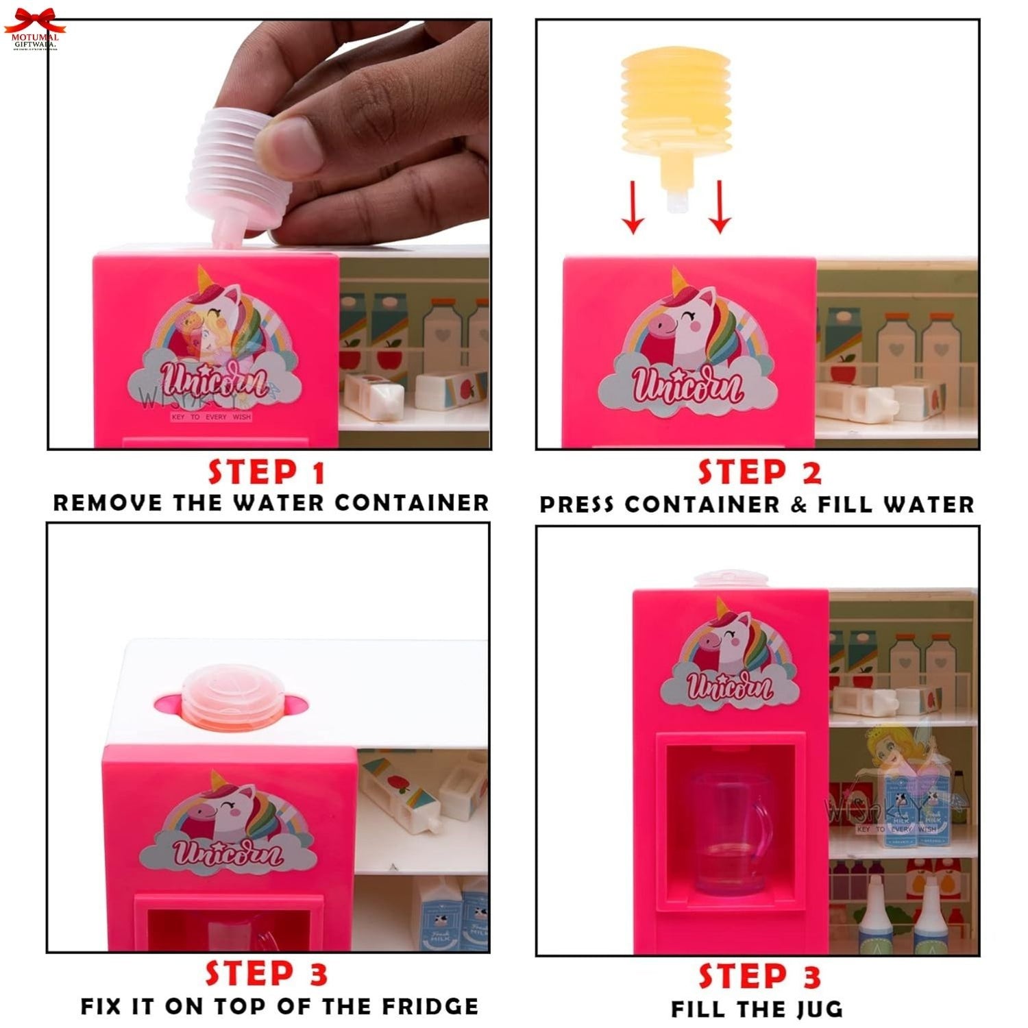 Step-by-step guide on how to use a pink unicorn-themed water dispenser.