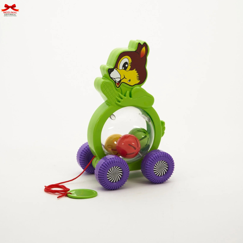 Toy with a green body and purple wheels on a white background