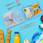 Bento box with food, utensils, and a bottle on a blue background with 'GIFTANA' branding.