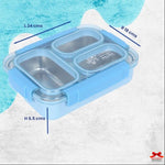 Blue bento box with compartments on a textured blue and white background, featuring dimensions.