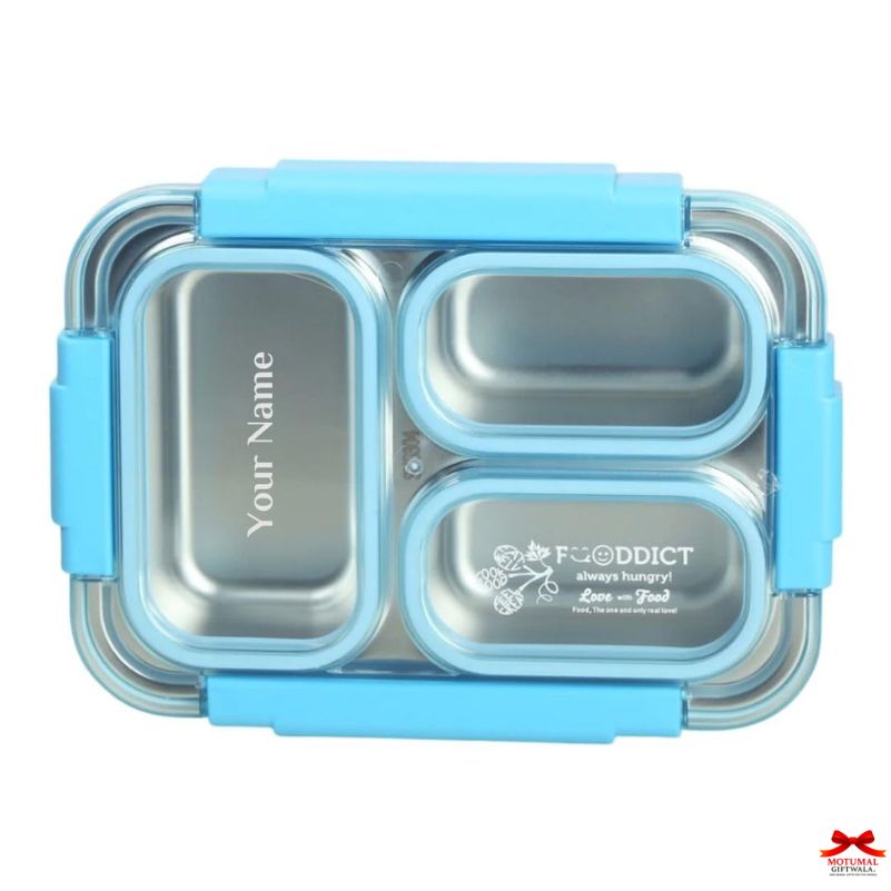 Blue and silver bento box with 'Your Name' text on a white background