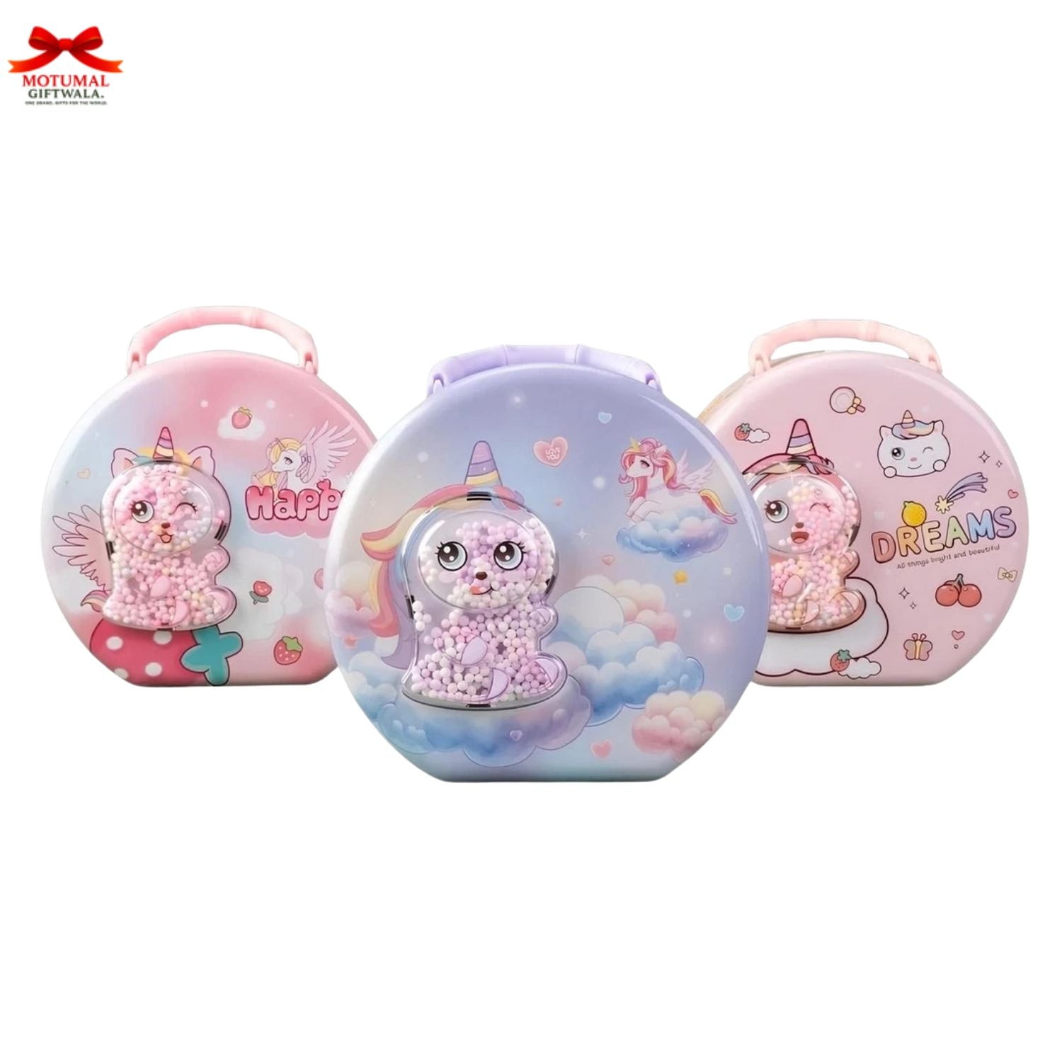 Three colorful cases with cartoon characters on a white background, featuring the Motumal Giftwall logo.