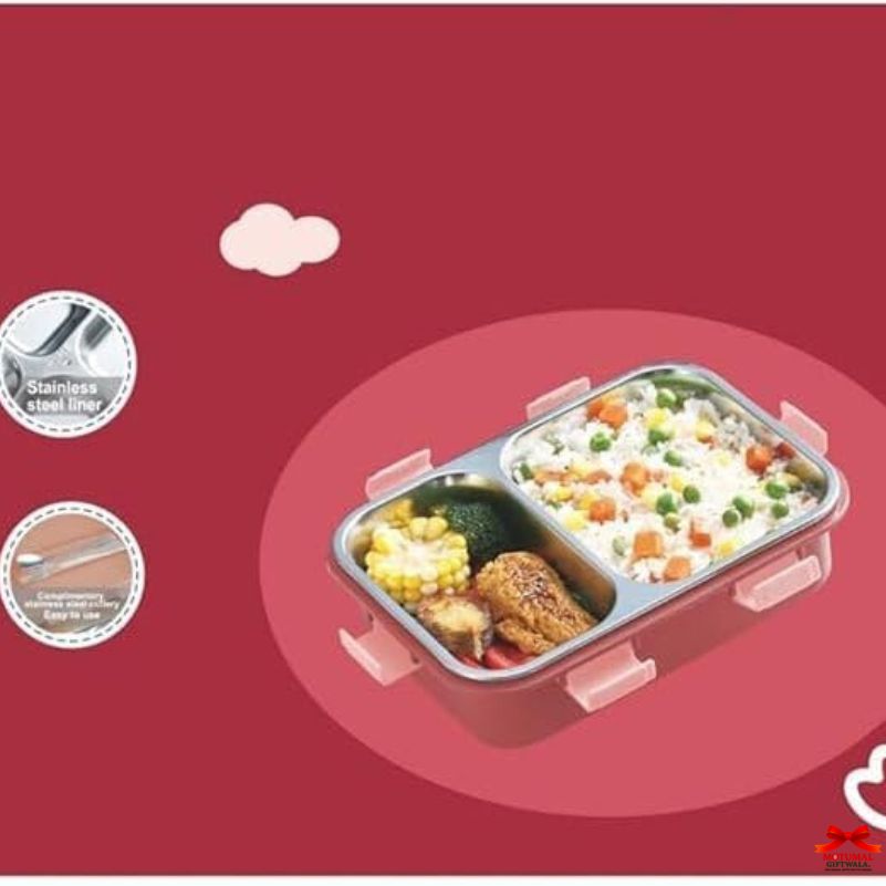 Meal container with food on a red background
