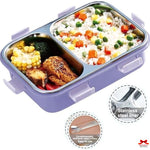 Purple bento box with compartments filled with food, including rice and vegetables, on a white background.