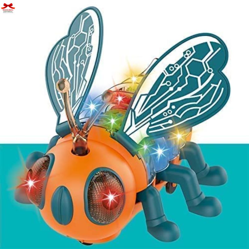 Toy bee with glowing lights on a blue background