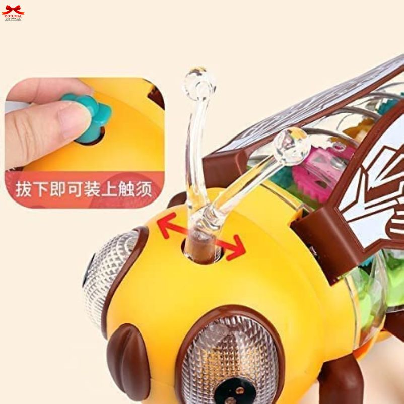Toy bee with a hand interacting with it, on a beige background