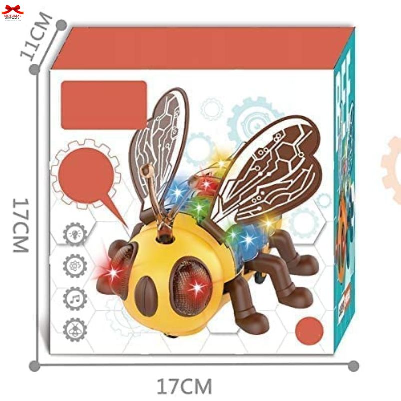 Toy bee figure with colorful lights on a box, dimensions indicated.