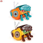Two toy bees, one orange and blue, the other yellow and brown, on a white background.