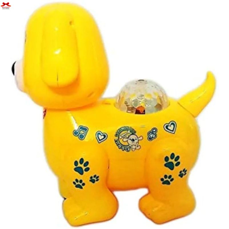 Yellow toy dog with a ball on a white background