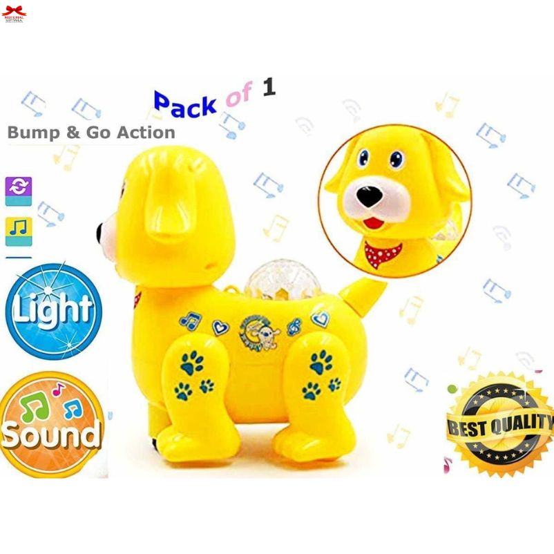 Yellow toy dog with sound and light features on a white background