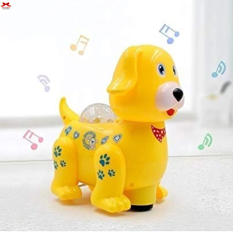 Yellow toy dog with musical notes on a white background