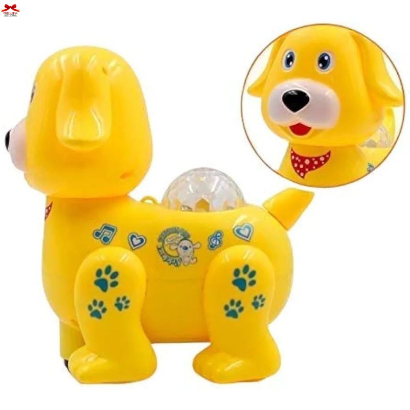 Yellow toy dog with a close-up of its face on a white background