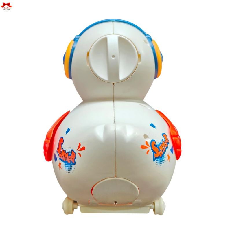 Toy robot with a round body, blue and orange accents on a white background