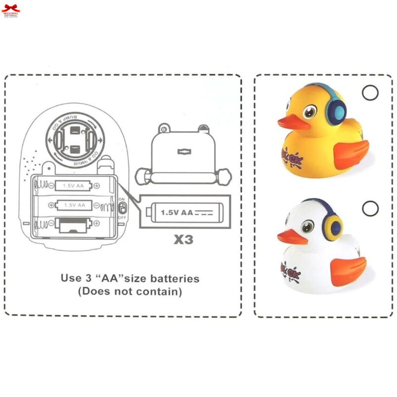Diagram showing battery connection for a toy with two rubber duck illustrations.